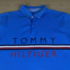 Tommy Hilfiger Blue Logo Stripe Spellout Polo Shirt Custom Fit Casual Tee XL