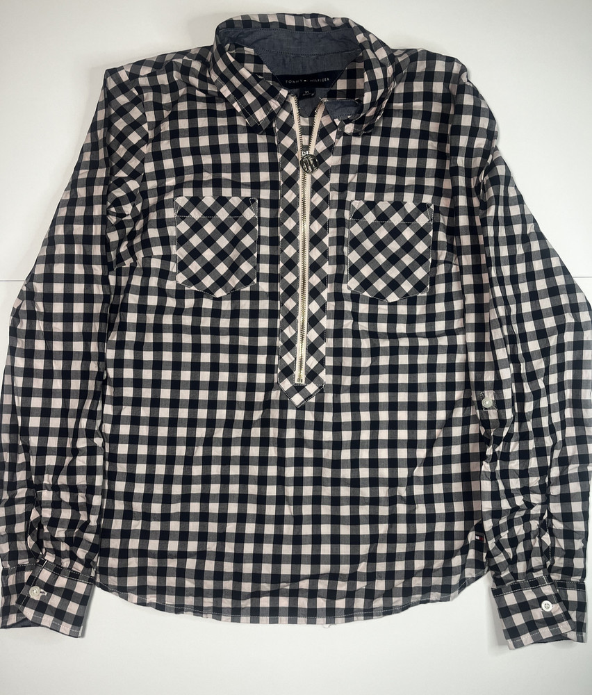 TOMMY HILFIGER Women XS Black and White Flannel Gold Zip-Up