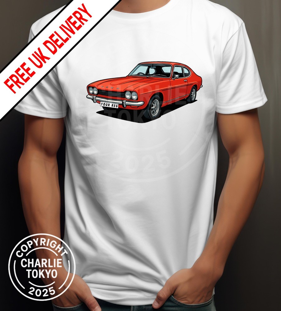 Ford Capri Mk1 T Shirt Classic Car Personalised Reg / Colour Men’s And |Ladies