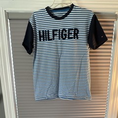 Vintage Tommy Hilfiger XL Blue/White Striped Logo Crew Neck Cotton T-Shirt
