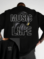 Men’s Trendy Headphone Graphic T-Shirt – “MUSIC” Letter Print, Music Lovers