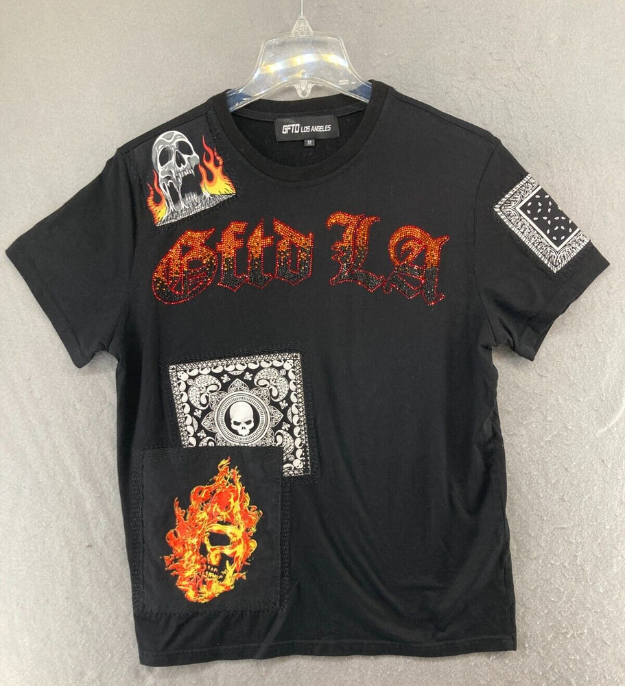 GFTD T Shirt Mens M Black Flames Skulls Hip Hop Street Wear