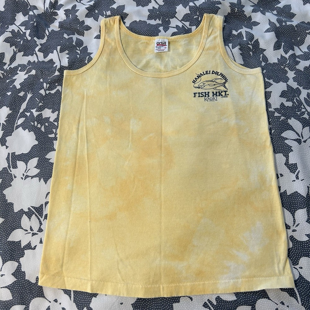 Vtg 90s Hanalei Dolphin Fish Market Kauai Tank Top M Anvil Red Bar USA Tie Dye