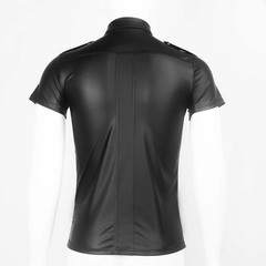 Men Black Faux Leather Short Sleeve Collared Shirt Wet Look Top Blouse