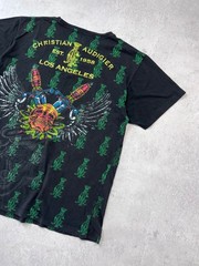 Christian Audigier Skull Spider Web Rhinestone Gothic Graphic T-Shirt Black