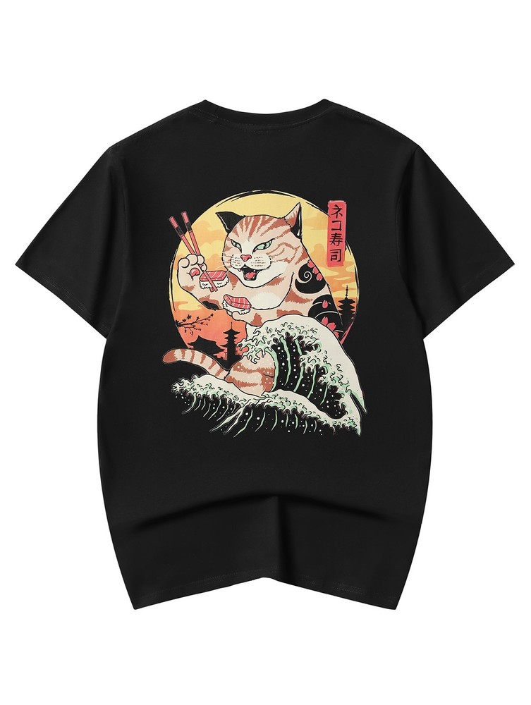 Niepce Men’s Sushi Eating Cat Graphic Tee Japanese Streetwear Crewneck T-Shirt