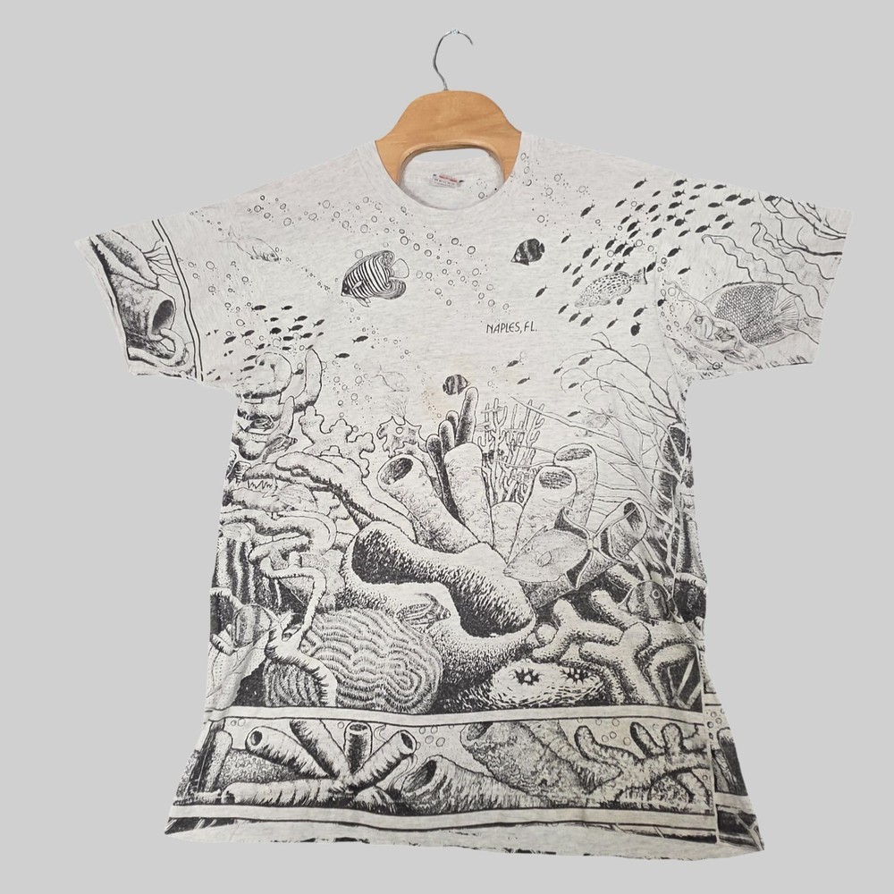 Vintage 90s Fruit of the Loom Naples FL Underwater Reef All Over Print Tee XL
