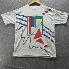 Vintage SS Abstract Geometric Shirt Mens L White Colorblock Graphic Tee Crewneck