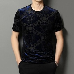 New Men Fashion Bronzing Flocking Trend Silky Velvet Summer Short Sleeve T-Shirt