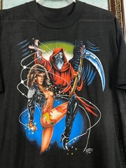 Vintage 80’s 3D Emblem Graphic Biker Reaper Sexy Tee Shirt Black Mens Rare Sz XL