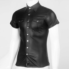 Men Black Faux Leather Short Sleeve Collared Shirt Wet Look Top Blouse