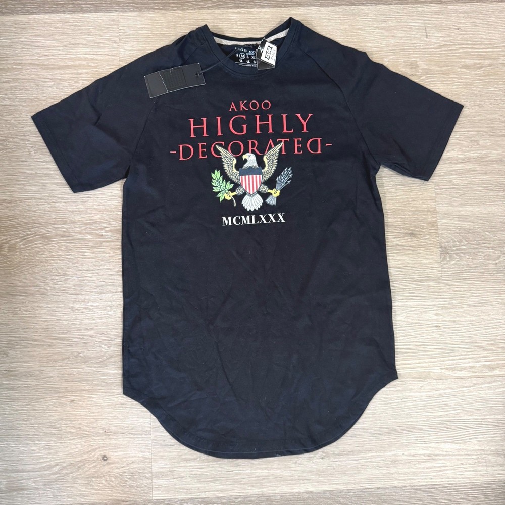 AKOO Highly Decorated T-Shirt Mens Medium Black Eagle Graphic Scoop Hem NWT