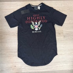 AKOO Highly Decorated T-Shirt Mens Medium Black Eagle Graphic Scoop Hem NWT