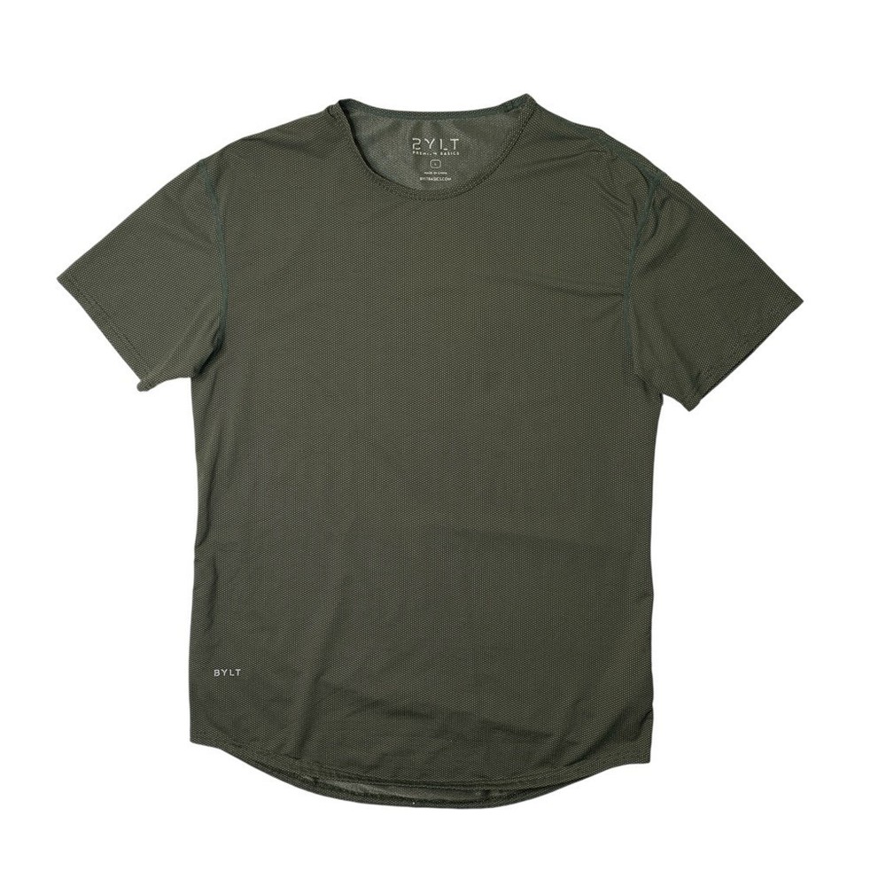 BYLT Shirt Mens L Large Army Green Pulse Drop Cut Short Sleeve Muscle Athletic