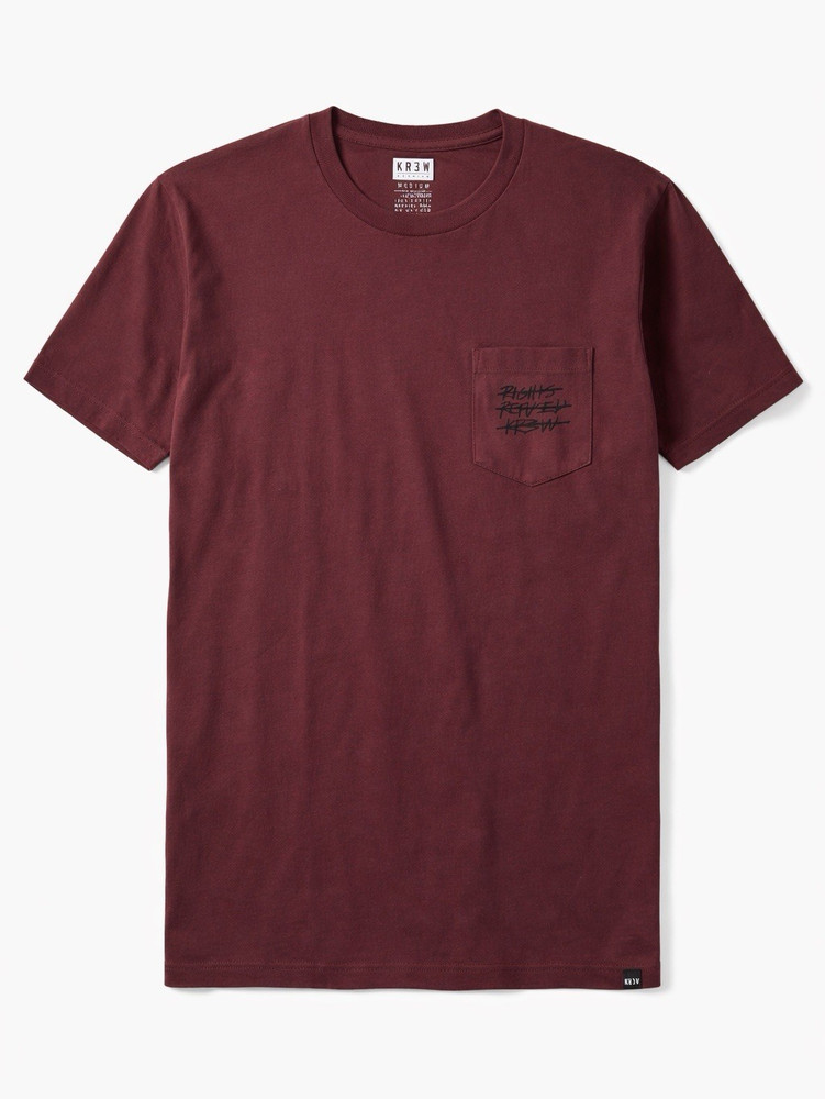 KR3W Burgundy Pocket Graphic T-Shirt Mens M Crew Neck Short Sleeve