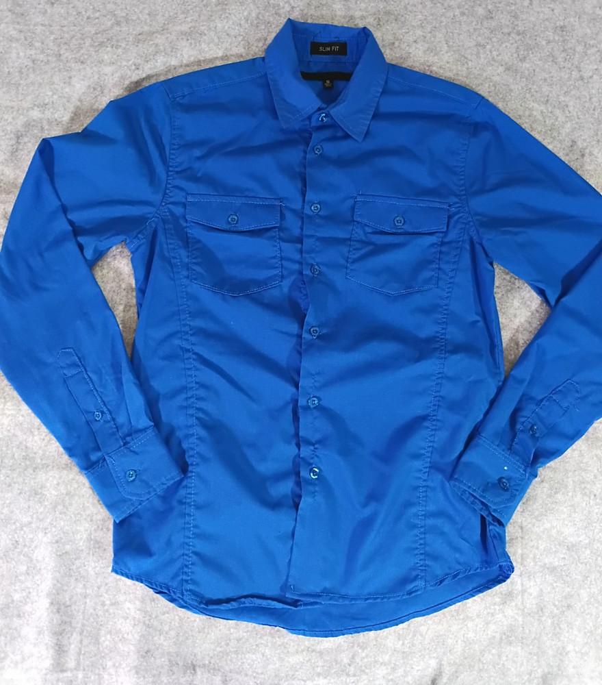 Mens Slim Fit Blue Button Front Shirt Size Small Long Sleeve Dual Pocket Casual