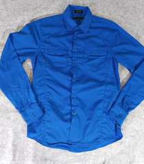 Mens Slim Fit Blue Button Front Shirt Size Small Long Sleeve Dual Pocket Casual