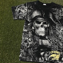 Vintage Y2K Cozumel Mexico AOP Sick Pirate Skulls Graphic T-Shirt Size S