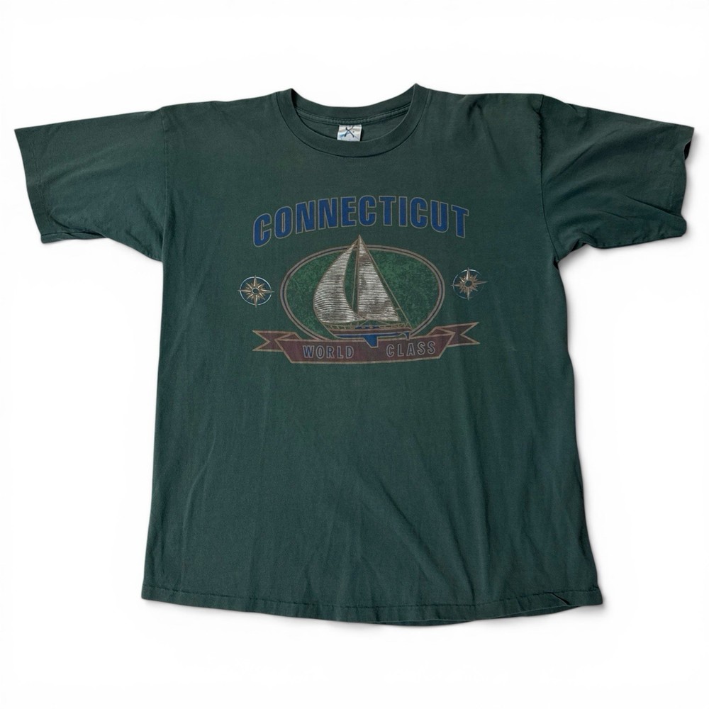 Vintage Connecticut Single Stitch T Shirt Green Sailboat World Class XL