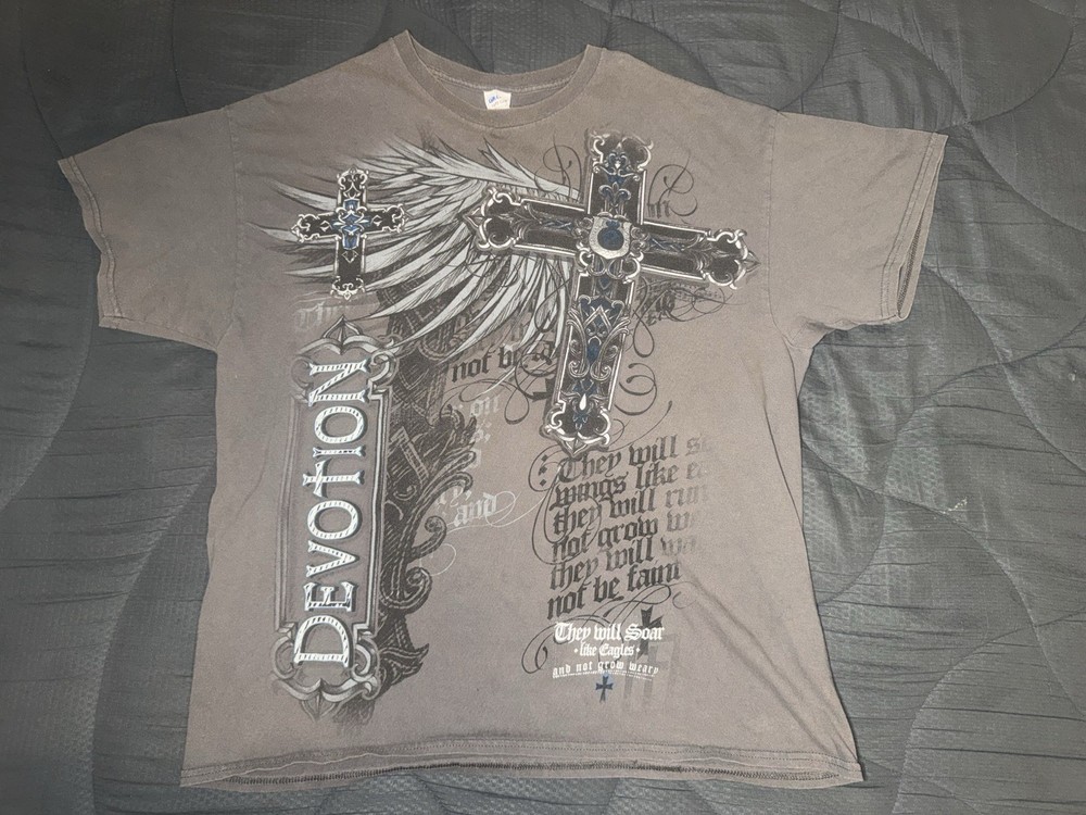 VTG Y2K Affliction Style Shirt Gray Gothic Cross Angel Wings Grunge Pinkman XL