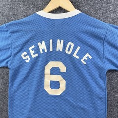 VTG 70s Nylon Mesh Flock Printed V Neck Jersey Mens M Blue Baseball Football
