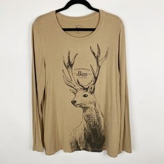 G.H. Bass & Co. Graphic Tee Mens XL Tan Long Sleeve Deer Nature Stretch