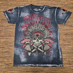 Affliction Puffy Felt Red and Gray Skull and Feathers Shirt Large