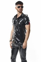 Men’s Black Shiny PVC Shirt Slim Fit Snap Button Stand Collar Top
