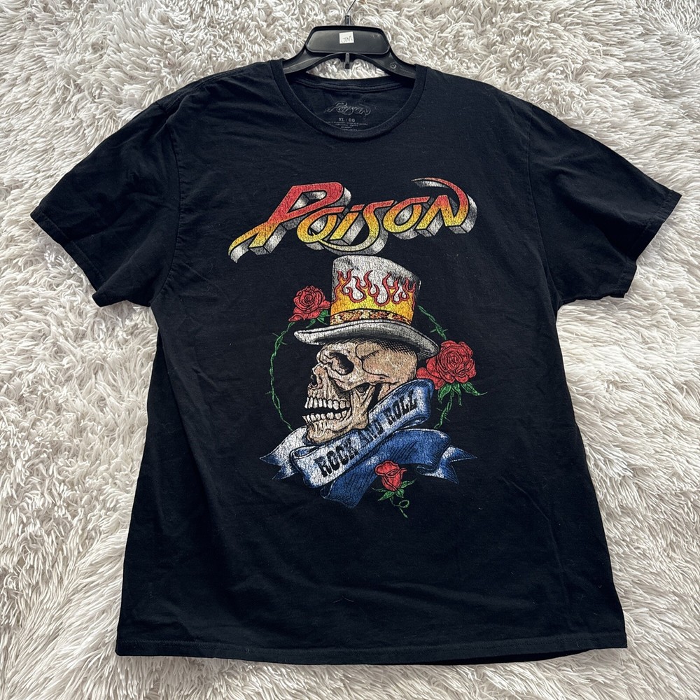 Poison Rock & Roll Heavy Metal Band Skull T-Shirt, Mens 100% Cotton Black Sz XL