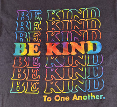 Black Graphic T Shirt Medium Be Kind To One Another Rainbow Text-Used/Excellent