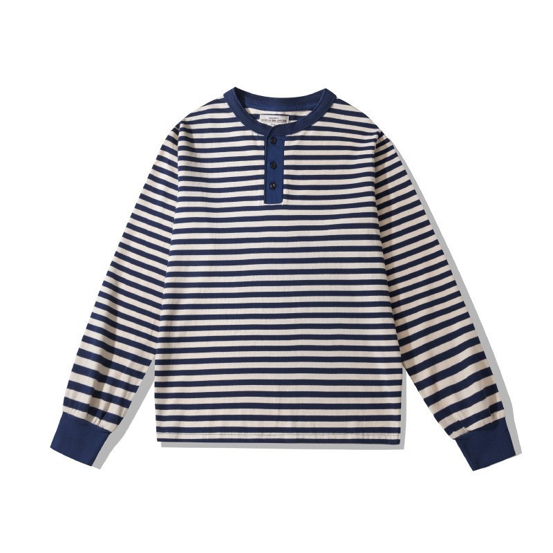 Mens Long Sleeve Striped Henry Shirt 300G Heavyweight Sailor T-Shirt Casual TEE