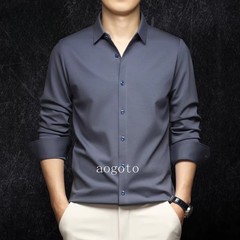 Spring Mens Long Sleeve Shirt Silk Cotton Business Casual Formal Slim Fit Shirts