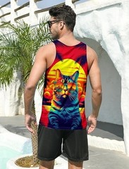 Cool Cat Sunglasses Tank Top Men 3D Sunset Beach Palm Tree Sleeveless Gym Shirt