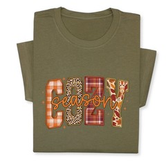 Cozy Season Fall T-Shirt – Autumn Plaid & Leopard Patchwork Tee