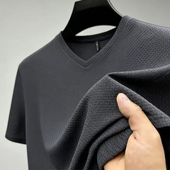 Fashion Men’s Business Casual Ice Silk T-Shirt V Neck Short Sleeve Khaki Daily W