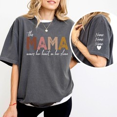 Personalized Mama Wears Her Heart on Her Sleeve T-Shirt Mom Gift