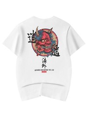 Niepce Streetwear Oni Mask Graphic Tee Japanese Kanji Printed T-shirt for Men