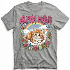 Alpha Male Kitten Rainbow Flowers Butterfly T-Shirt Ironic Cute Cat Humor Tee