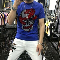 New Men Fashion Diamonds T-Shirt Skull Horror Rhinestones Hot Drill Short Sleeve