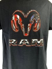 Black T-Shirt w/ Red White & Blue American Flag Dodge Ram Truck Emblem