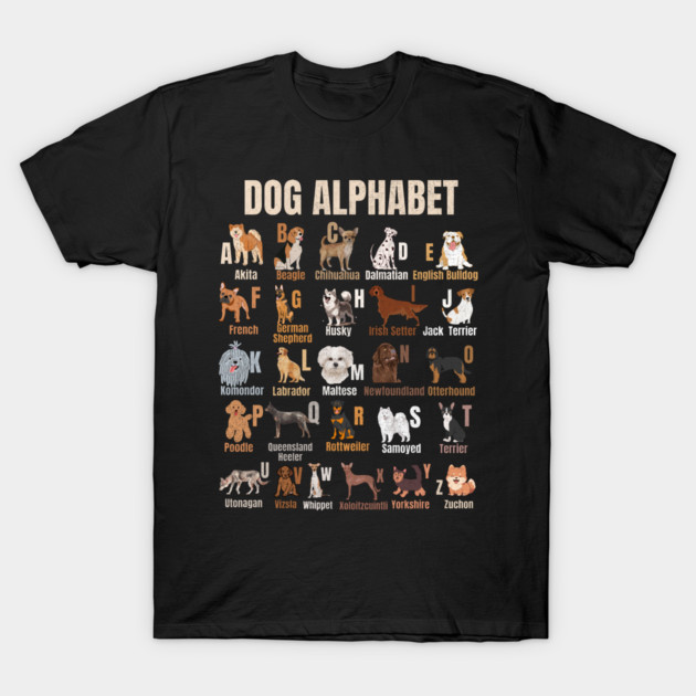Dog Alphabet T-Shirt Cute ABC Breeds Graphic Tee Gift for Dog Lover Teacher Kids