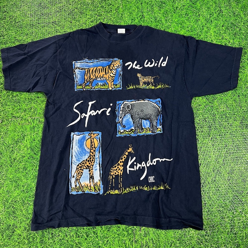 Vintage 1990’s Blue The Wild Safari Kingdom Animal T Shirt One Size 22 X 30 In