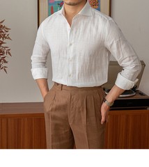 Men’s Cotton Linen Long Sleeve Shirt Slim Fit Casual Formal Summer Breathable OL