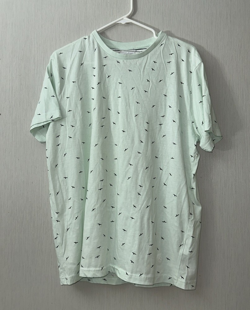 Denim and Flower Ricky Singh Men seagulls Print T Shirt Green Size L nautical