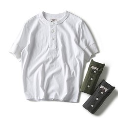 American Summer New Mens Cotton Henry Collar Retro Casual Short-Sleeved T-Shirt