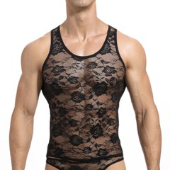Mens Gym Tops Tank Top Vest Undershirts Lace T Shirt Floral Sleeveless Sexy