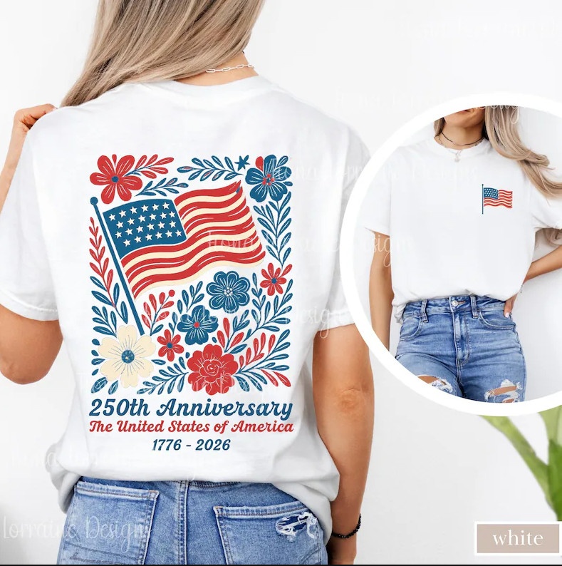 Comfort Colors Patriotic Floral USA America 250 July 4th Back Graphic S-4XL
