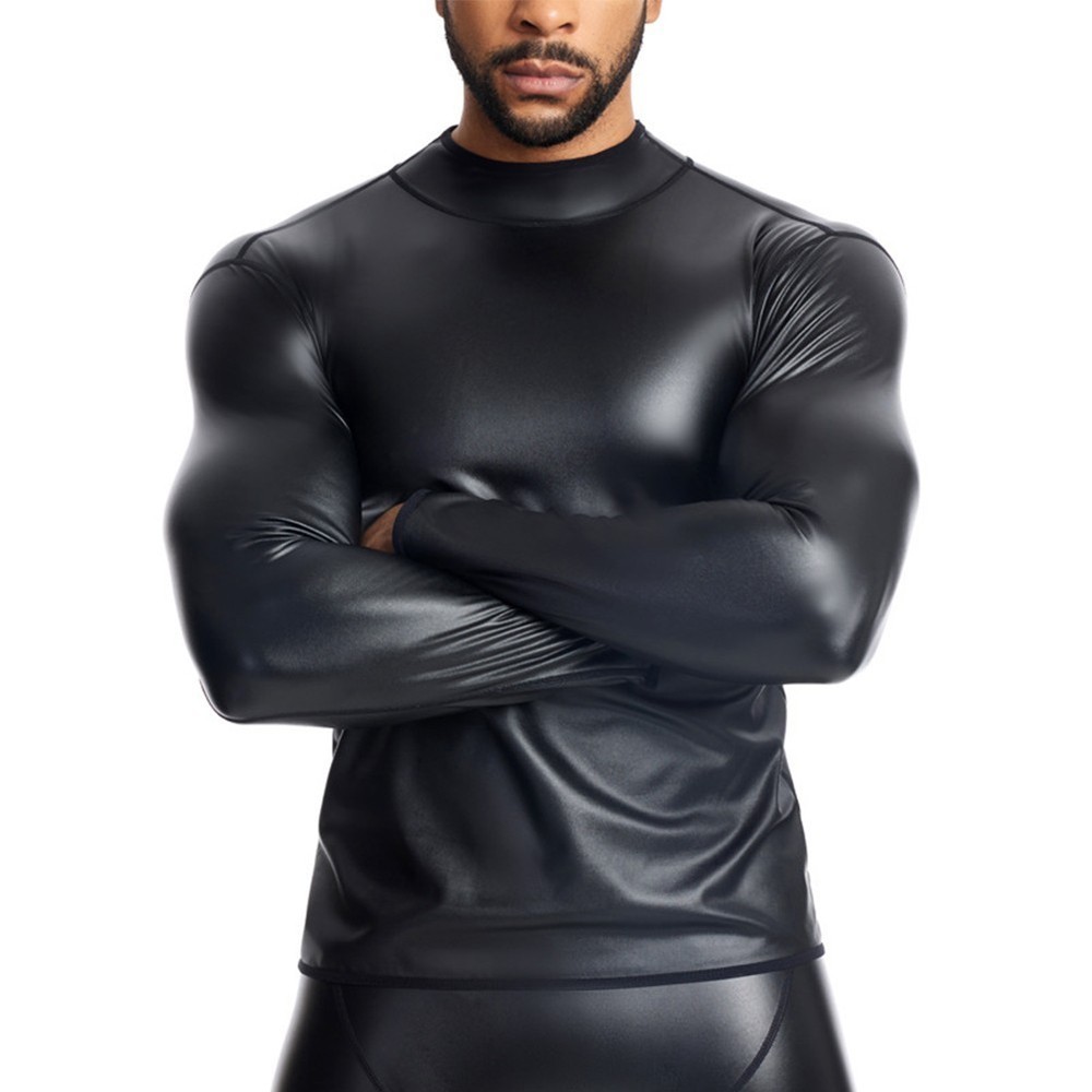 New Men’s Sexy Club Nightclub Leather Slim Long Sleeve Casual T-Shirt Tops