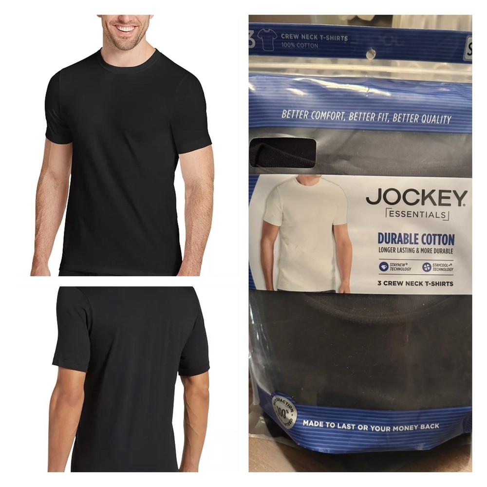 JOCKEY ESSENTIALS 3-Pack Men’s Crew Neck T-Shirts Durable Cotton Black Size S