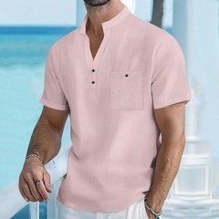 Men’s Cotton Linen Henley Shirt Breathable Summer Casual Fit Tee Tshirt Fun Gift